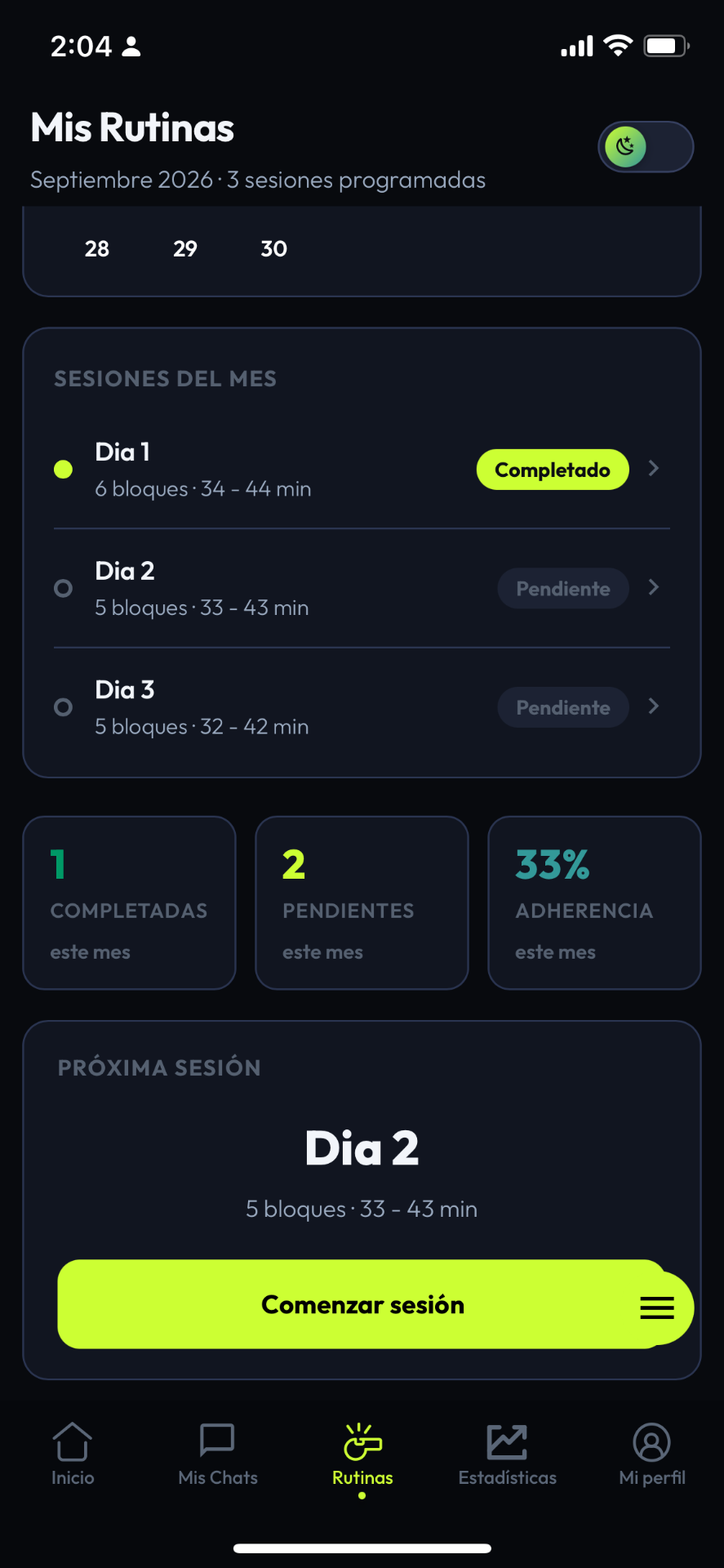 Builder Pro — Sesiones del mes