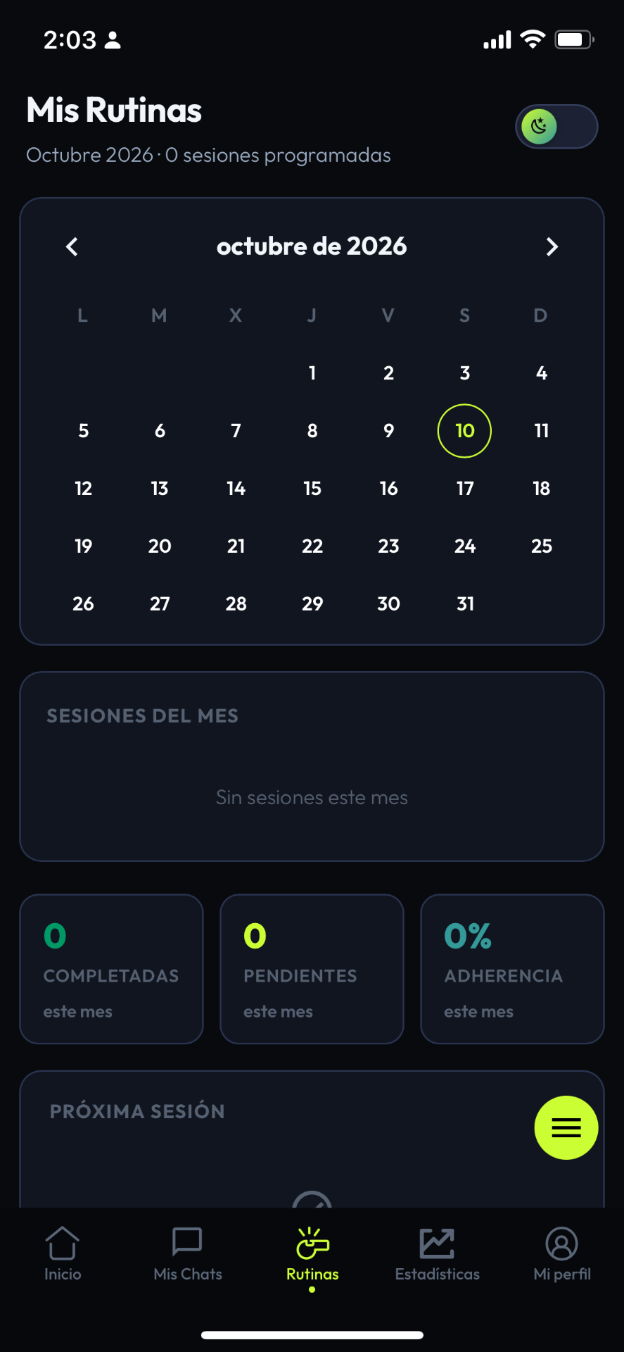 Builder Pro — Mis Rutinas — calendario